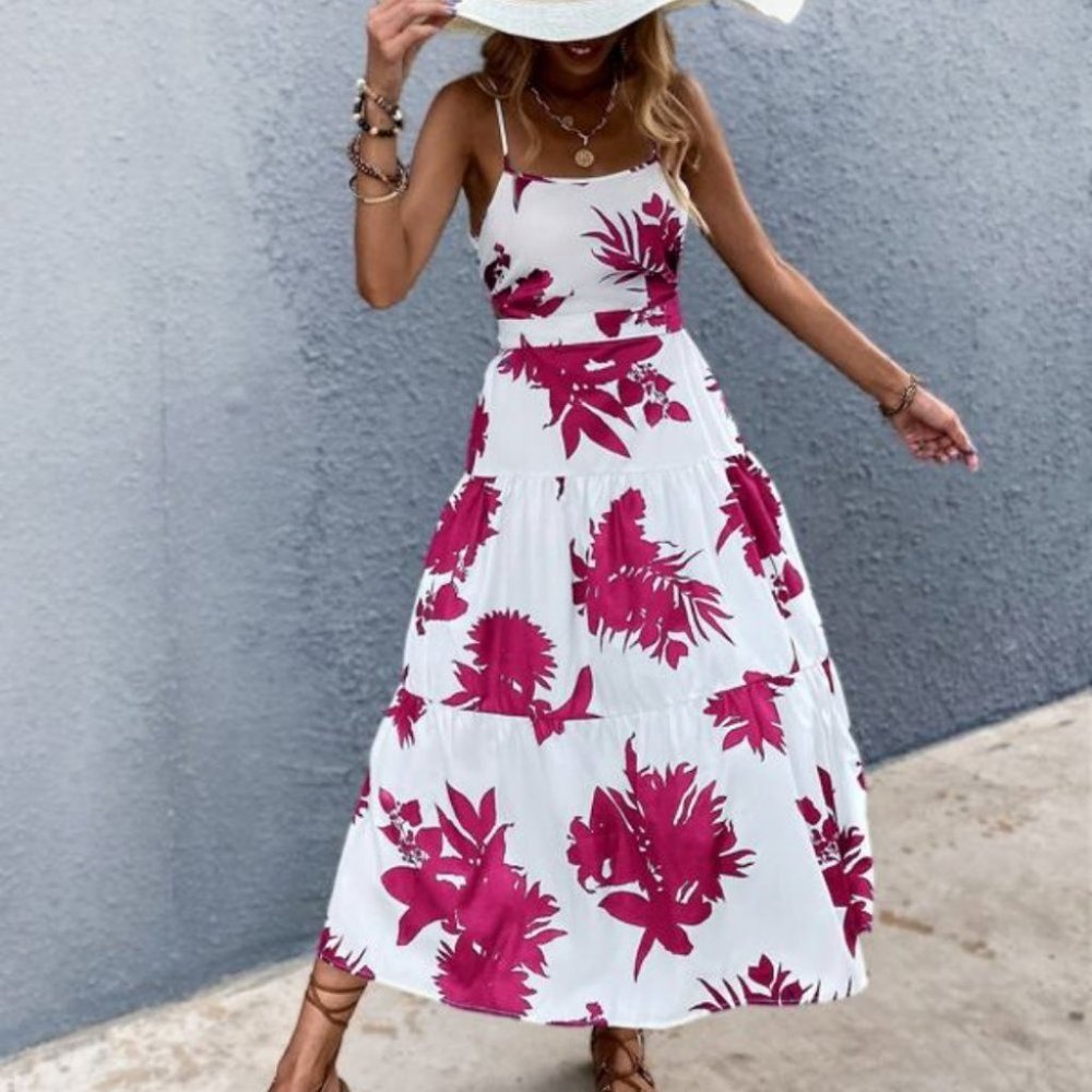 Boho pink white floral tropical print tie back maxi dress - Picture 2 of 7